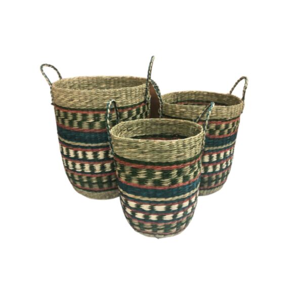 Panier tressé jonc de mer bleu/vert Ø28/22 x H34/43cm - KB8
