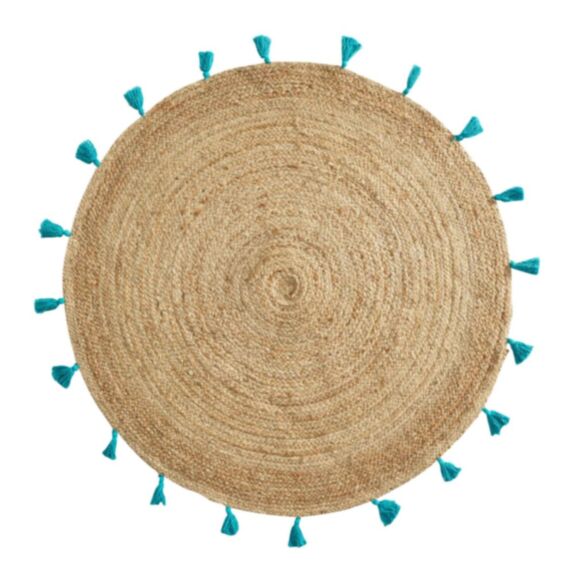 Tapis Shira Ø120 cm en jute/pompons turquoise - D.D'INTERIEUR