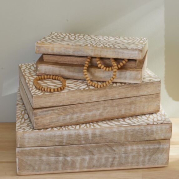 Set de 3 boîtes rectangles Mango Wood en bois manguier sculpté beige - LA FACTORY