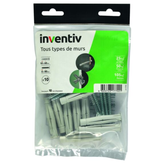 10 Chevilles Tous Matériaux Ø10x60mm + Vis TF  Ø6x80mm - INVENTIV