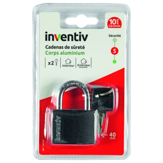 Cadenas aluminium gaine 40mm noir 2 clés - INVENTIV