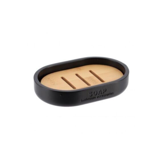 Porte savon polyrésine noir mat/bambou - TENDANCE