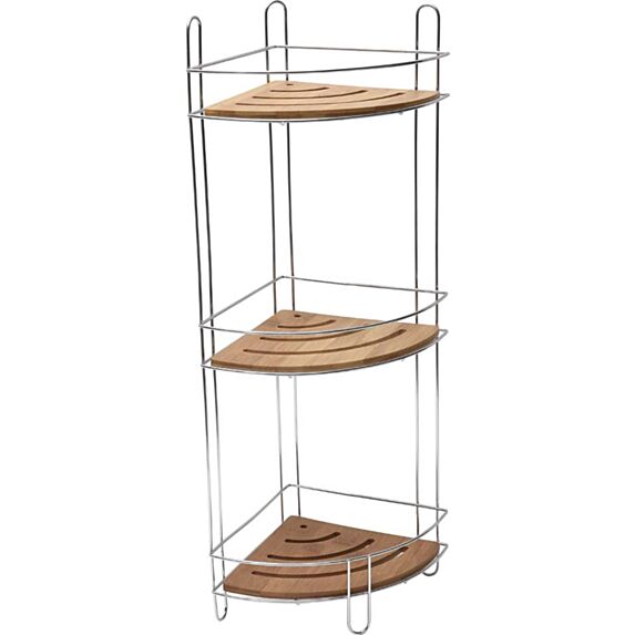 Étagère d'angle fil métal/bambou 3 niveaux chrome/bambou - TENDANCE