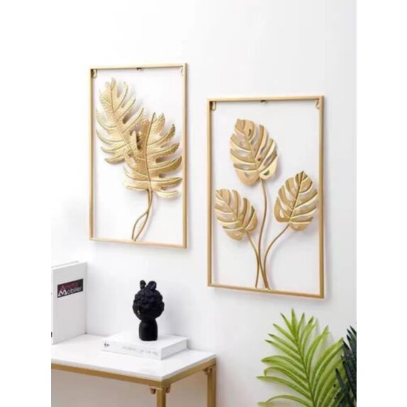 Décoration murale feuille encadrée 40 x 60 cm métal doré 2 designs au choix