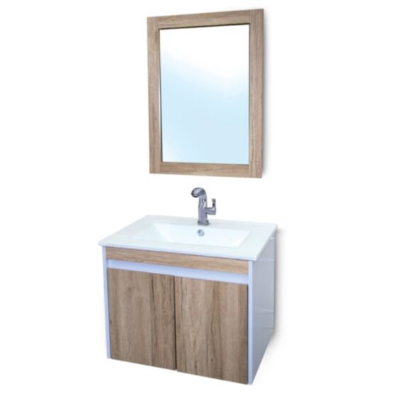 Meuble salle de bain Lola avec miroir, 60 cm en bois et blanc - AHOME