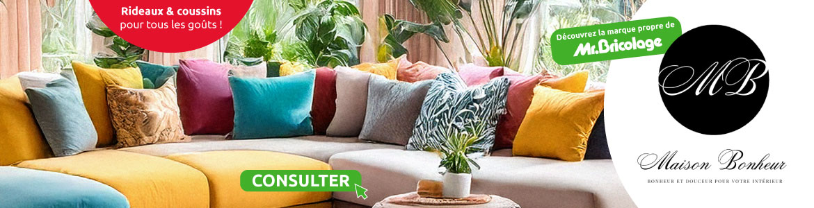 A découvrir la nouvelle marque Maison Bonheur disponible en exclusivite chez mr bricolage. Rideaux et coussins une large gamme de couleurs et de motifs disponible