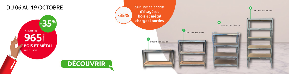 Profitez de 35 pourcent de remise sur une selection d etageres en bois et metal. Offre valable du 06 au 19 octobre chez Mr.Bricolage. Profitez de 35 pourcent de remise sur une selection d etageres en bois et metal. Offre valable du 06 au 19 octobre chez Mr.Bricolage.